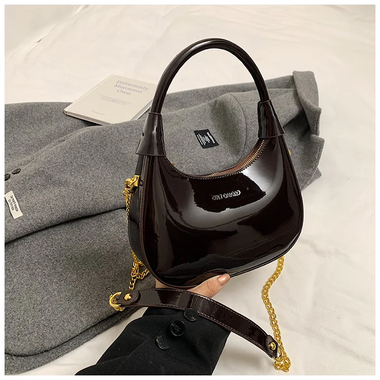 High End Burgundy Patent Leather Shiny Surface Crossbody Bag 2025 New Women's Zipper Chain Armpit Bags Elegant Texture Handbag High End Burgundy Patent Leather Shiny Surface Crossbody Bag 2025 New Women's Zipper Chain Armpit Bags Elegant Texture Handbag