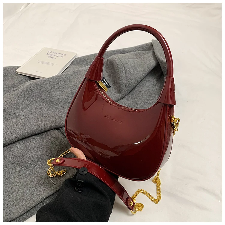 High End Burgundy Patent Leather Shiny Surface Crossbody Bag 2025 New Women's Zipper Chain Armpit Bags Elegant Texture Handbag High End Burgundy Patent Leather Shiny Surface Crossbody Bag 2025 New Women's Zipper Chain Armpit Bags Elegant Texture Handbag