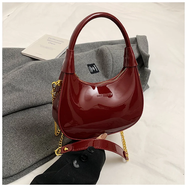High End Burgundy Patent Leather Shiny Surface Crossbody Bag 2025 New Women's Zipper Chain Armpit Bags Elegant Texture Handbag High End Burgundy Patent Leather Shiny Surface Crossbody Bag 2025 New Women's Zipper Chain Armpit Bags Elegant Texture Handbag