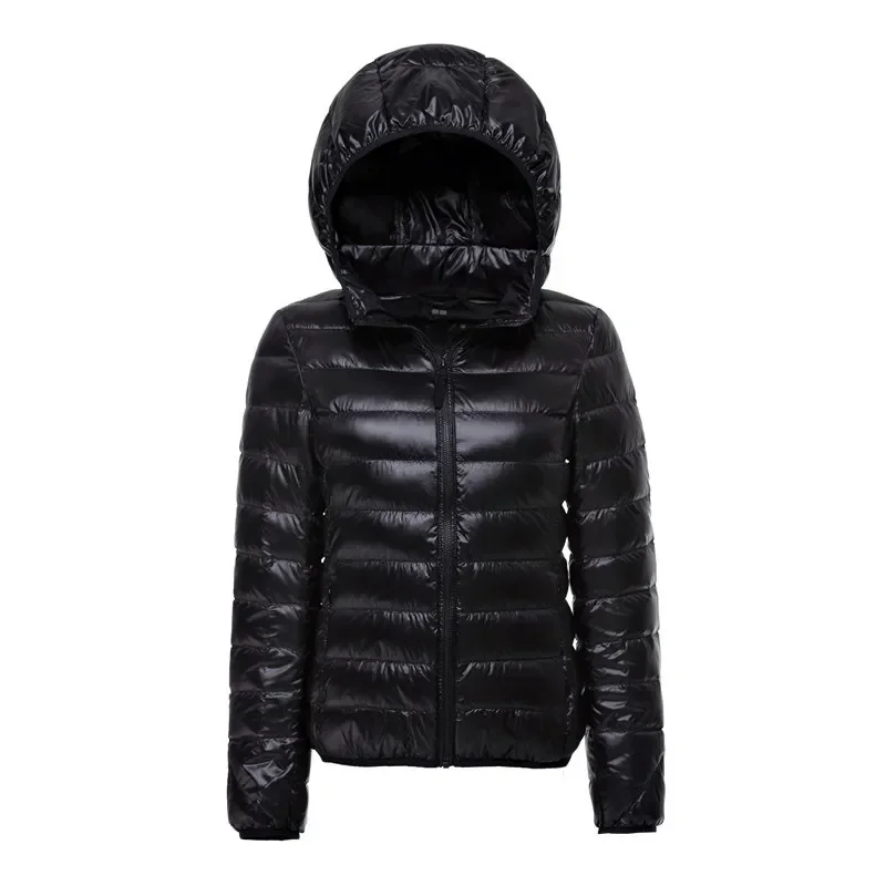 Hooded duck down puffer jacket close up