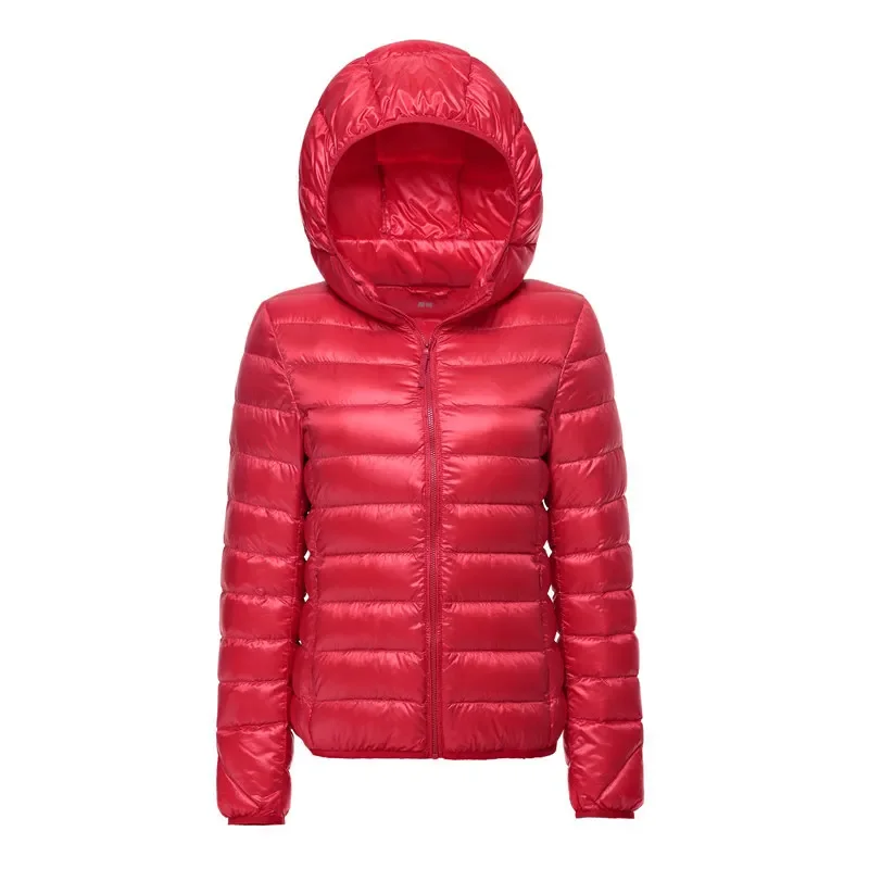 Hooded duck down puffer jacket side view