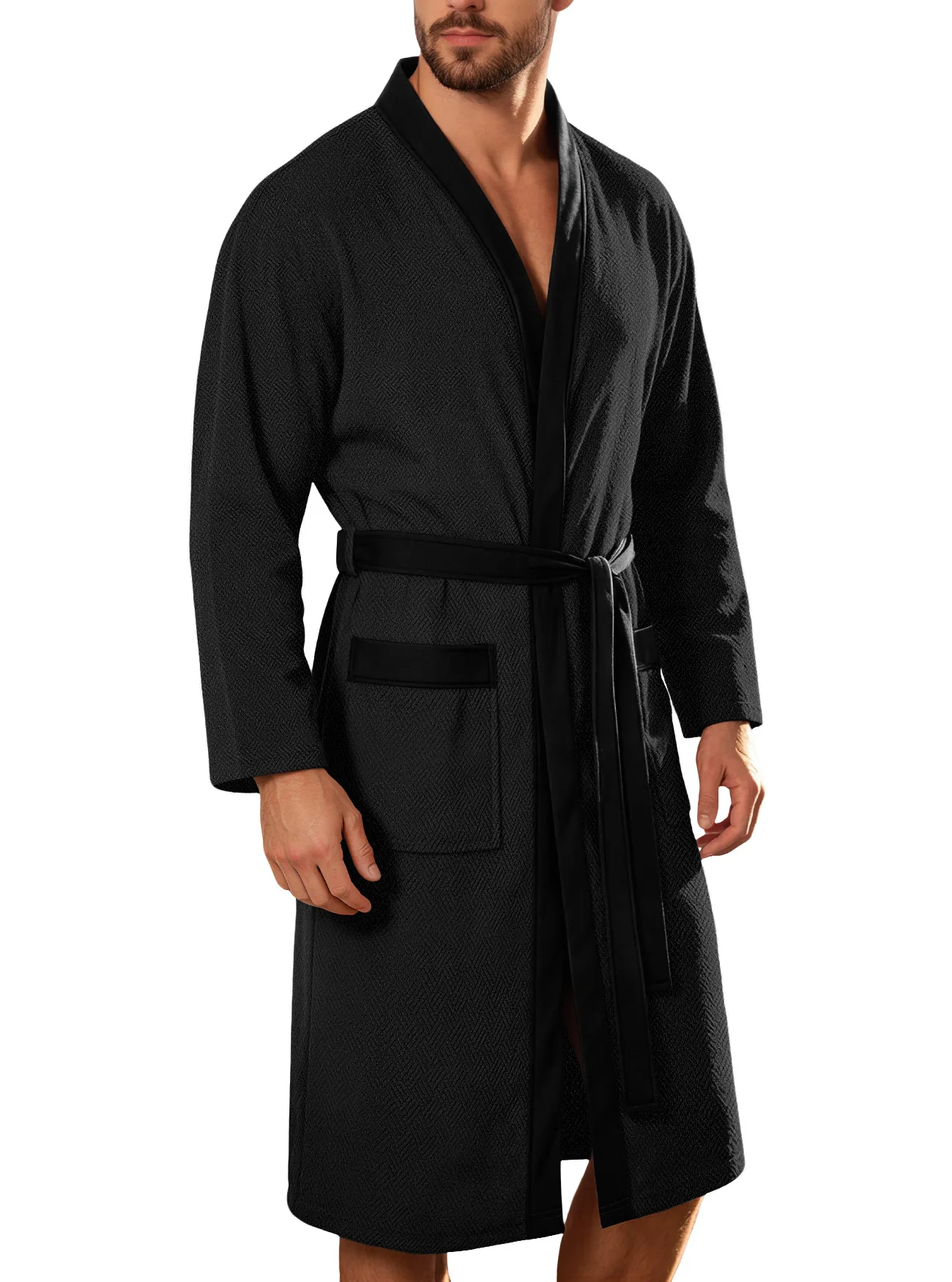 Kimono style belted robe pocket detail