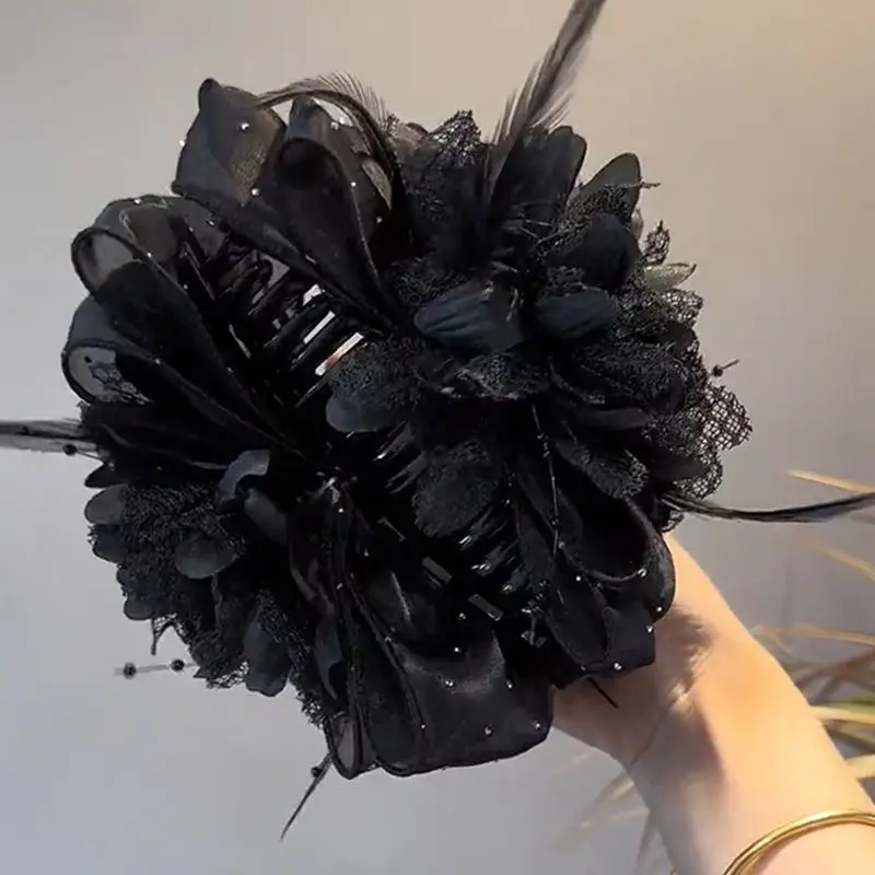 Korean Elegant Women Girls Hair Claw Pleated Organza Pearls Black Feather Grip Shark Hair Clip Women Headwear Hair Accessories Korean Elegant Women Girls Hair Claw Pleated Organza Pearls Black Feather Grip Shark Hair Clip Women Headwear Hair Accessories
