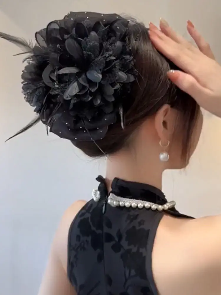 Korean Elegant Women Girls Hair Claw Pleated Organza Pearls Black Feather Grip Shark Hair Clip Women Headwear Hair Accessories Korean Elegant Women Girls Hair Claw Pleated Organza Pearls Black Feather Grip Shark Hair Clip Women Headwear Hair Accessories