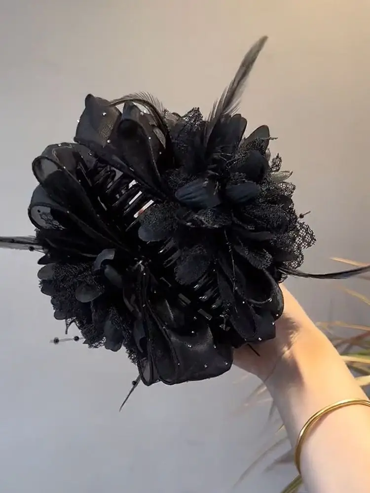 Korean Elegant Women Girls Hair Claw Pleated Organza Pearls Black Feather Grip Shark Hair Clip Women Headwear Hair Accessories Korean Elegant Women Girls Hair Claw Pleated Organza Pearls Black Feather Grip Shark Hair Clip Women Headwear Hair Accessories