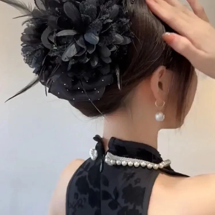 Korean Elegant Women Girls Hair Claw Pleated Organza Pearls Black Feather Grip Shark Hair Clip Women Headwear Hair Accessories Korean Elegant Women Girls Hair Claw Pleated Organza Pearls Black Feather Grip Shark Hair Clip Women Headwear Hair Accessories
