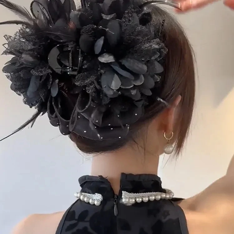 Korean Elegant Women Girls Hair Claw Pleated Organza Pearls Black Feather Grip Shark Hair Clip Women Headwear Hair Accessories Korean Elegant Women Girls Hair Claw Pleated Organza Pearls Black Feather Grip Shark Hair Clip Women Headwear Hair Accessories