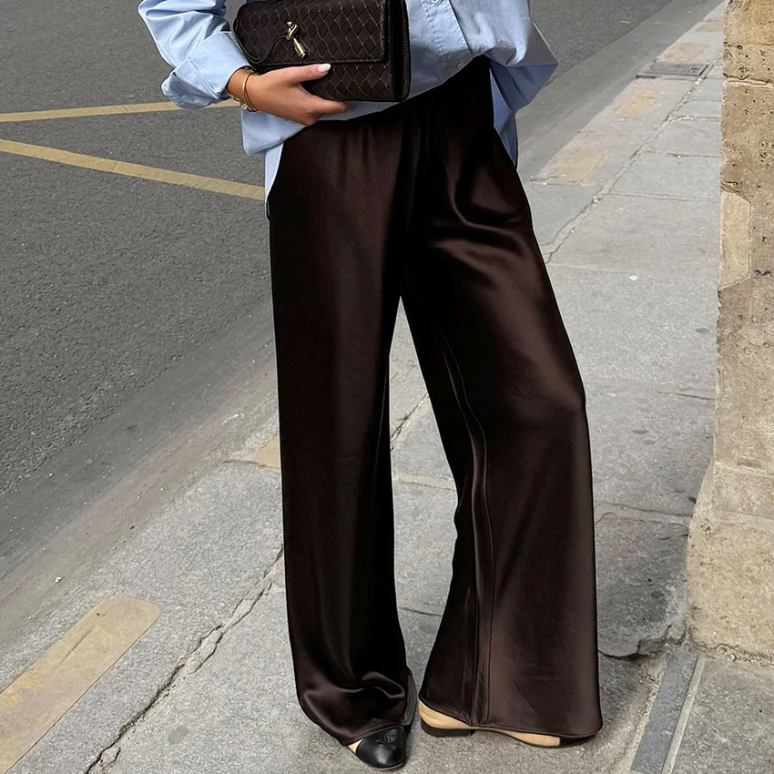 Linad Elegant Brown Satin Wide Leg Pants Women Autumn Fashion Beige High Waist Trousers Street Chic Silk Long Pants Female 2025 Linad Elegant Brown Satin Wide Leg Pants Women Autumn Fashion Beige High Waist Trousers Street Chic Silk Long Pants Female 2025
