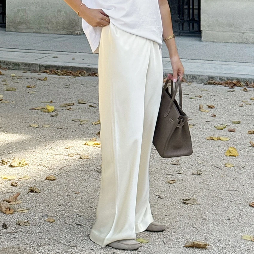 Linad Elegant Brown Satin Wide Leg Pants Women Autumn Fashion Beige High Waist Trousers Street Chic Silk Long Pants Female 2025 Linad Elegant Brown Satin Wide Leg Pants Women Autumn Fashion Beige High Waist Trousers Street Chic Silk Long Pants Female 2025