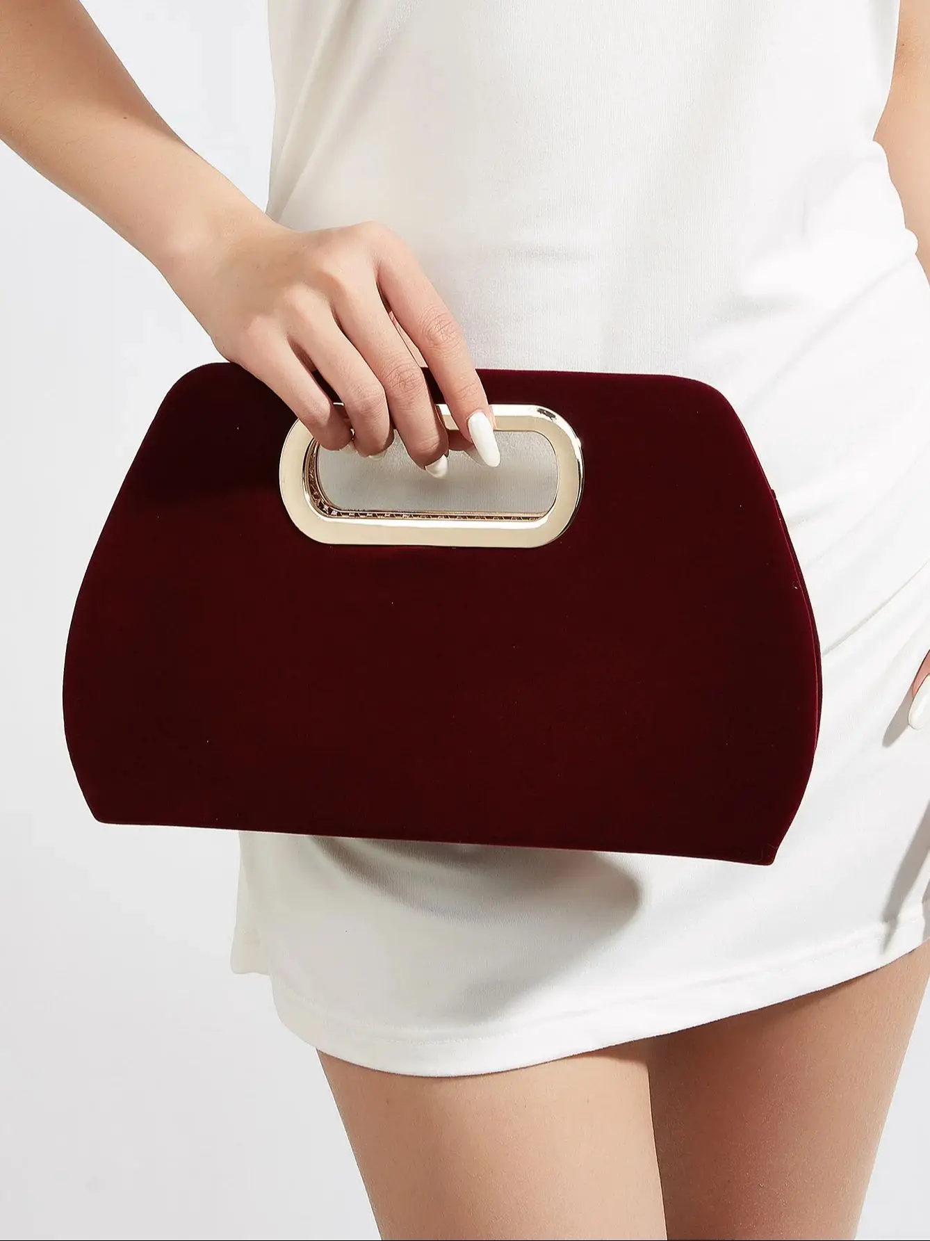 velvet top handle bag for women in burgundy