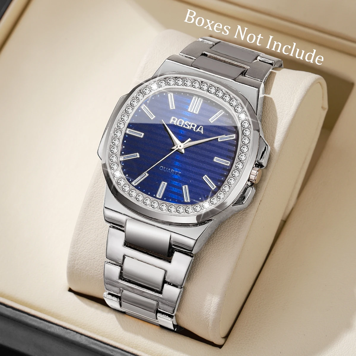 Rhinestone bezel steel band mens watch