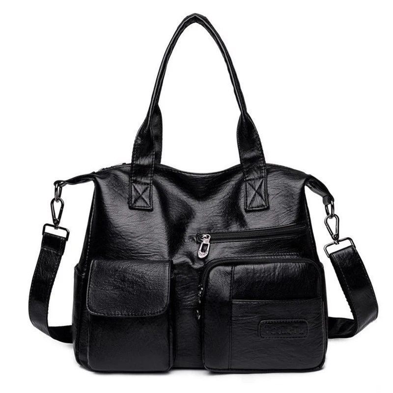 Womens black leather shoulder bag with front pockets