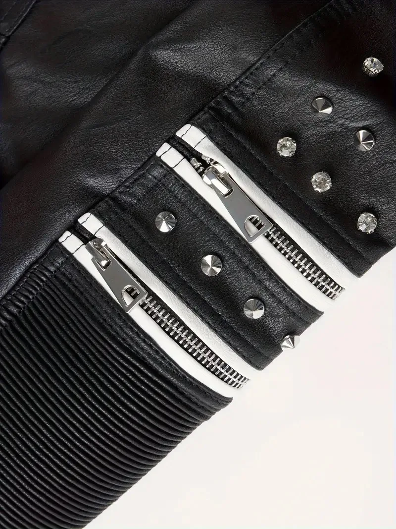 Luxury Studded Leather Jacket, Motorcycle Slim Fit Punk Rock Women’s Diamond Zipper Multi-Pocket Jacket zipper Coat Outwea Women’s Jackets & Coats Luxury Studded Leather Jacket, Motorcycle Slim Fit Punk Rock Women's Diamond Zipper Multi-Pocket Jacket zipper Coat Outwea Women's Jackets & Coats KDBazar
