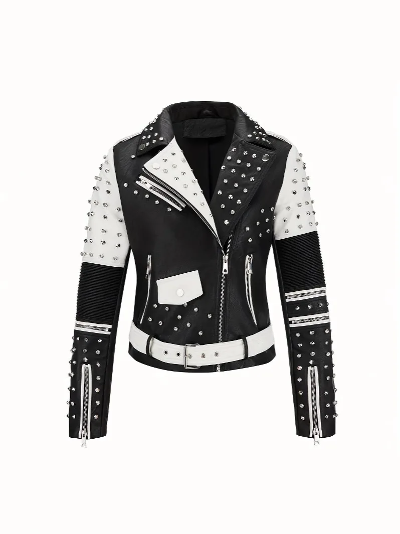 Luxury Studded Leather Jacket, Motorcycle Slim Fit Punk Rock Women’s Diamond Zipper Multi-Pocket Jacket zipper Coat Outwea Women’s Jackets & Coats Luxury Studded Leather Jacket, Motorcycle Slim Fit Punk Rock Women's Diamond Zipper Multi-Pocket Jacket zipper Coat Outwea Women's Jackets & Coats KDBazar