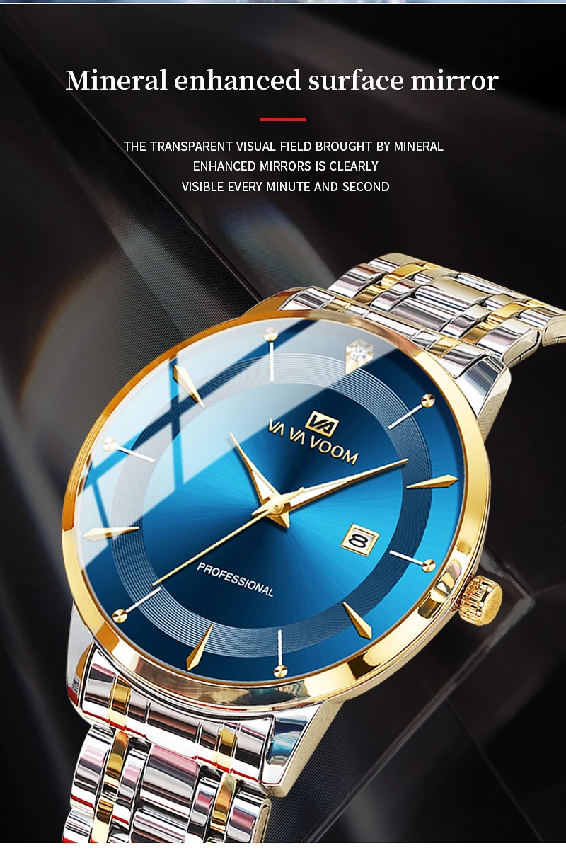 Stainless steel rhinestone business watch face detail