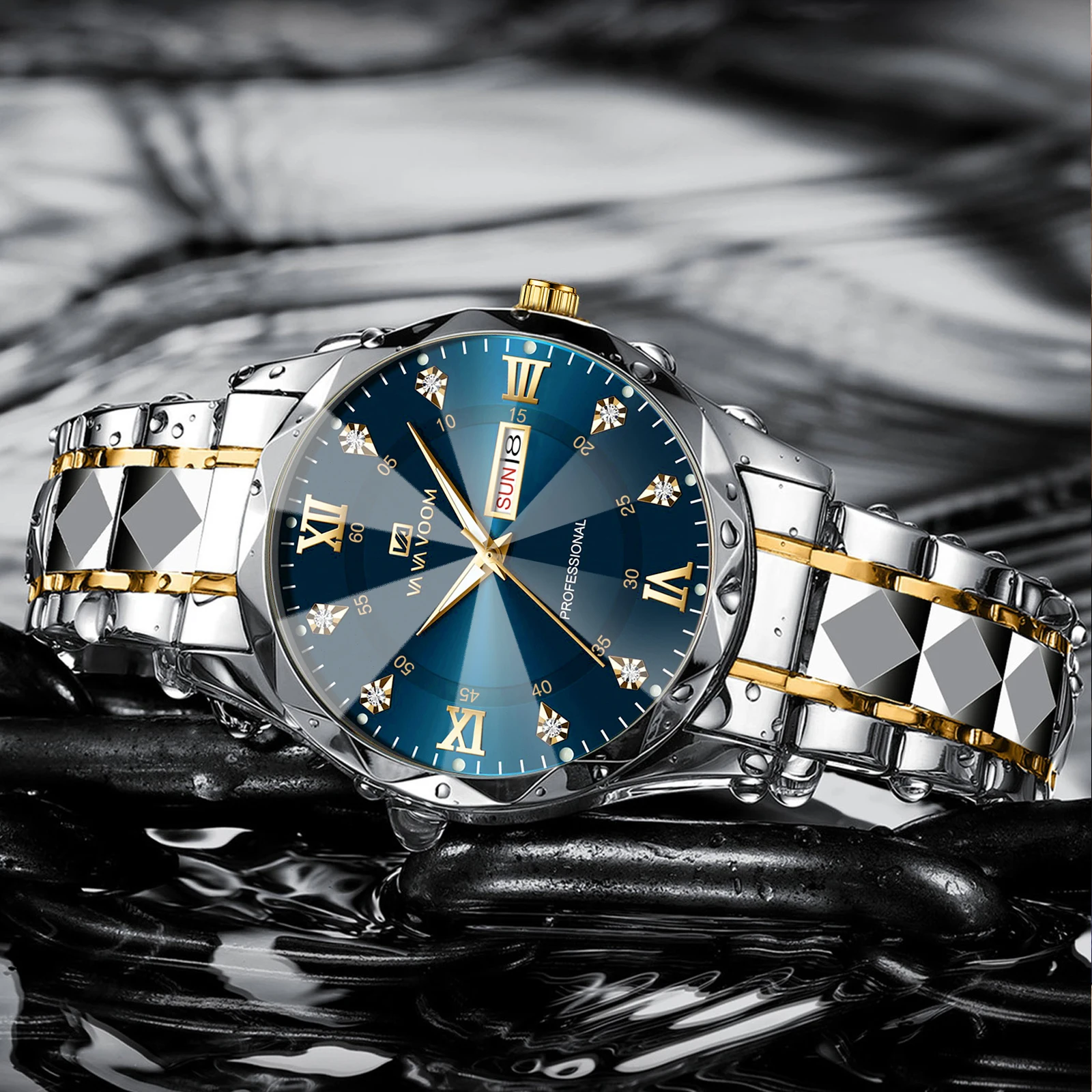 Men Watch Water Diamond Luxury Night Glow Double Calendar Quartz Movement 41mm Blue Gold Stainless Steel Fashion Business Watch Mens Watches Men Watch Water Diamond Luxury Night Glow Double Calendar Quartz Movement 41mm Blue Gold Stainless Steel Fashion Business Watch Mens Watches KDBazar