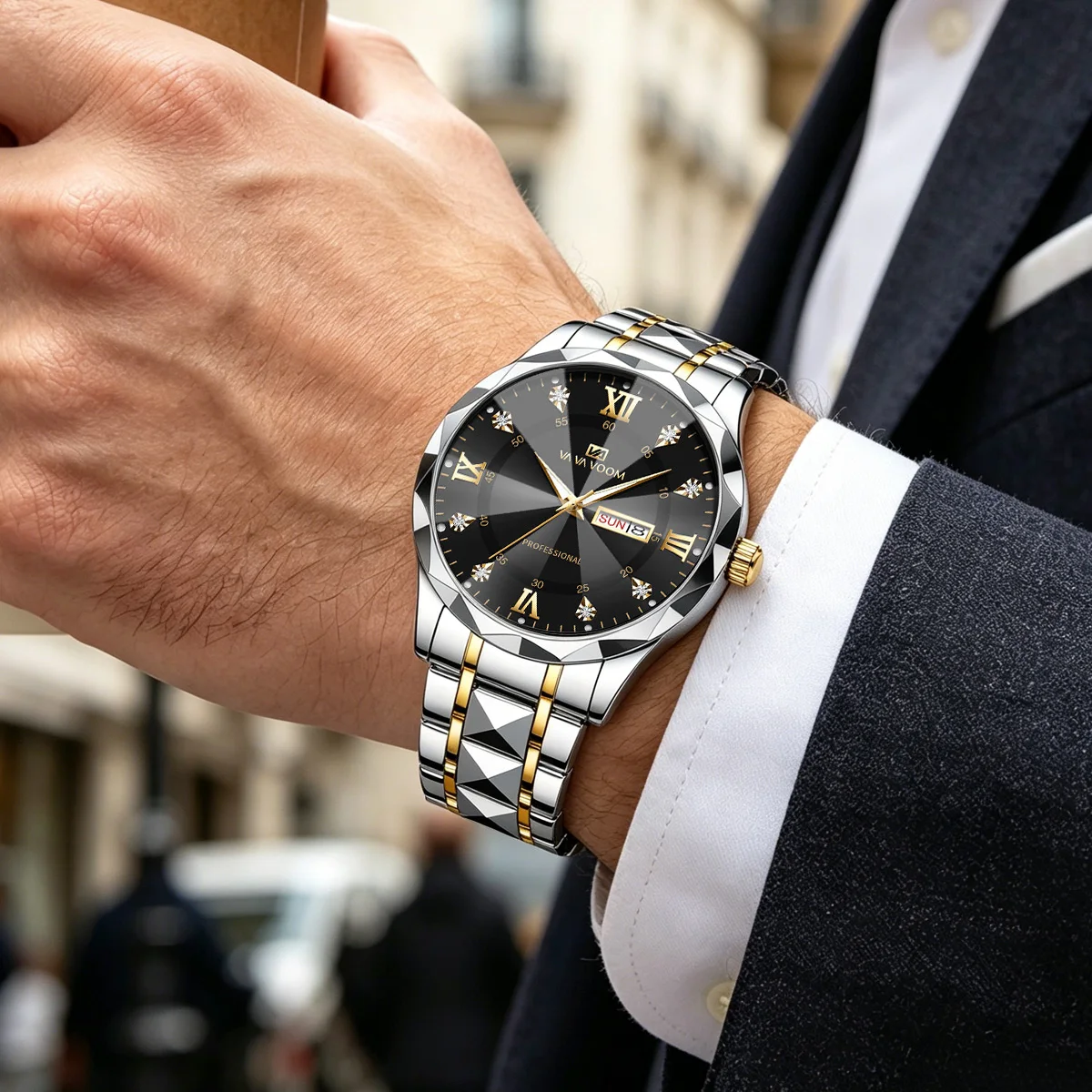 Men Watch Water Diamond Luxury Night Glow Double Calendar Quartz Movement 41mm Blue Gold Stainless Steel Fashion Business Watch Mens Watches Men Watch Water Diamond Luxury Night Glow Double Calendar Quartz Movement 41mm Blue Gold Stainless Steel Fashion Business Watch Mens Watches KDBazar