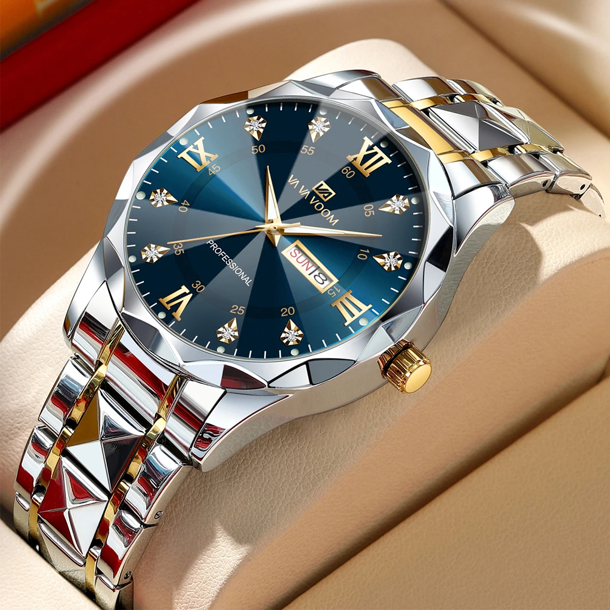 Men Watch Water Diamond Luxury Night Glow Double Calendar Quartz Movement 41mm Blue Gold Stainless Steel Fashion Business Watch Mens Watches Men Watch Water Diamond Luxury Night Glow Double Calendar Quartz Movement 41mm Blue Gold Stainless Steel Fashion Business Watch Mens Watches KDBazar