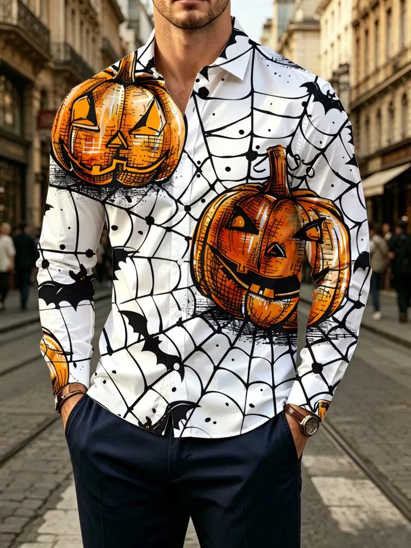 Mens Halloween shirt with pumpkin spider web and bat print
