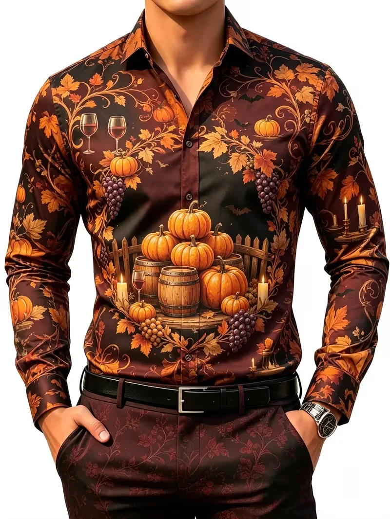 Mens autumn pumpkin print long sleeve shirt