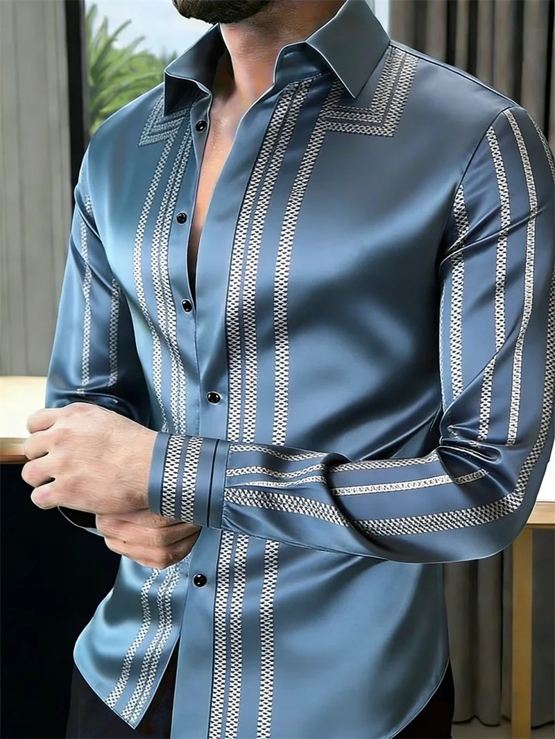 New black satin ethnic style geometric border men’s long sleeved shirt retro business casual shirt clothing Dress Shirt New black satin ethnic style geometric border men's long sleeved shirt retro business casual shirt clothing Dress Shirt KDBazar