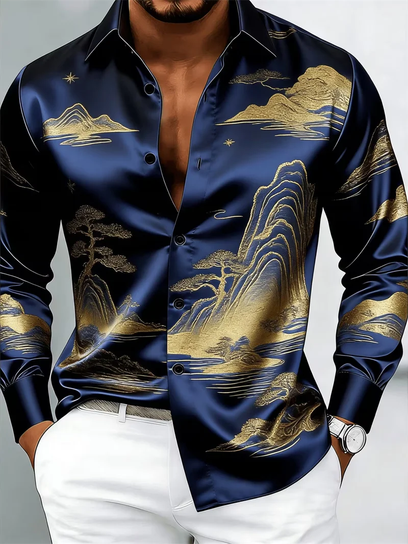 New black satin ethnic style geometric border men’s long sleeved shirt retro business casual shirt clothing Dress Shirt New black satin ethnic style geometric border men's long sleeved shirt retro business casual shirt clothing Dress Shirt KDBazar