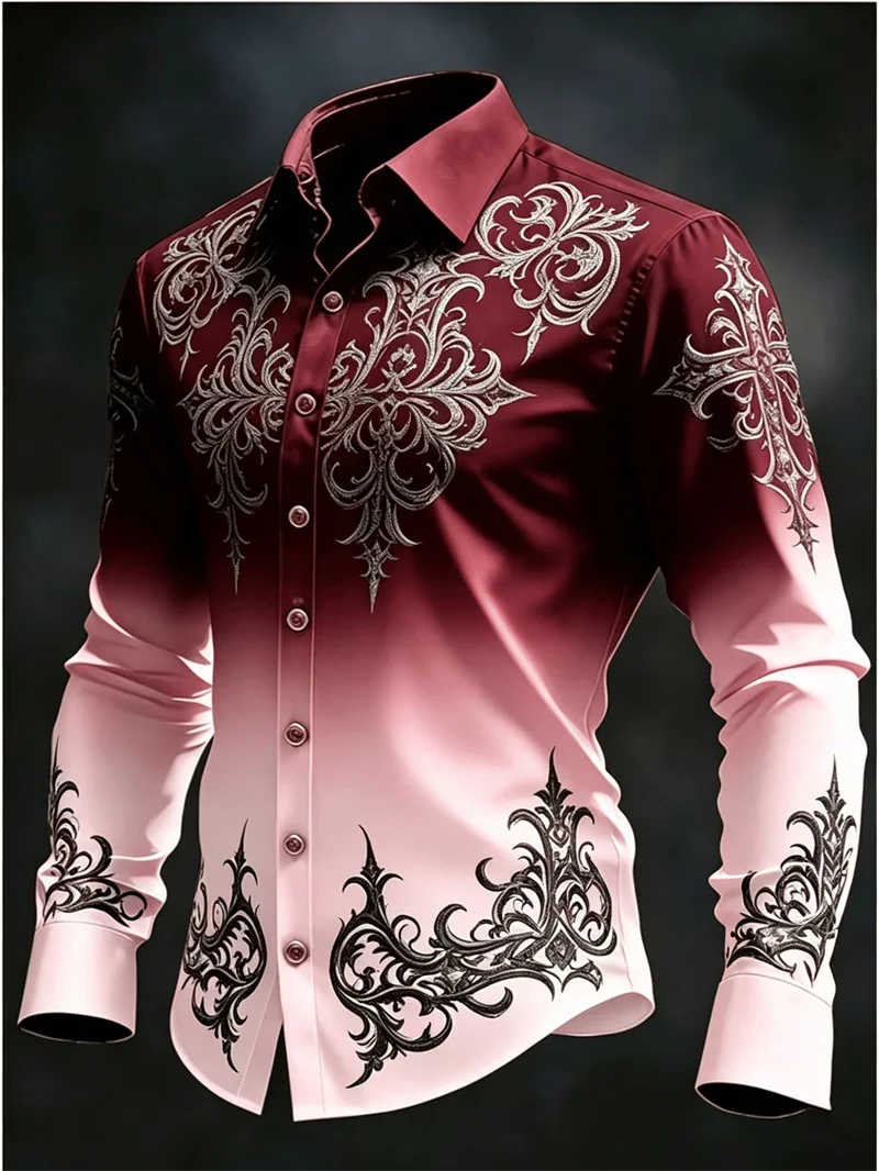 New black satin ethnic style geometric border men’s long sleeved shirt retro business casual shirt clothing Dress Shirt New black satin ethnic style geometric border men's long sleeved shirt retro business casual shirt clothing Dress Shirt KDBazar