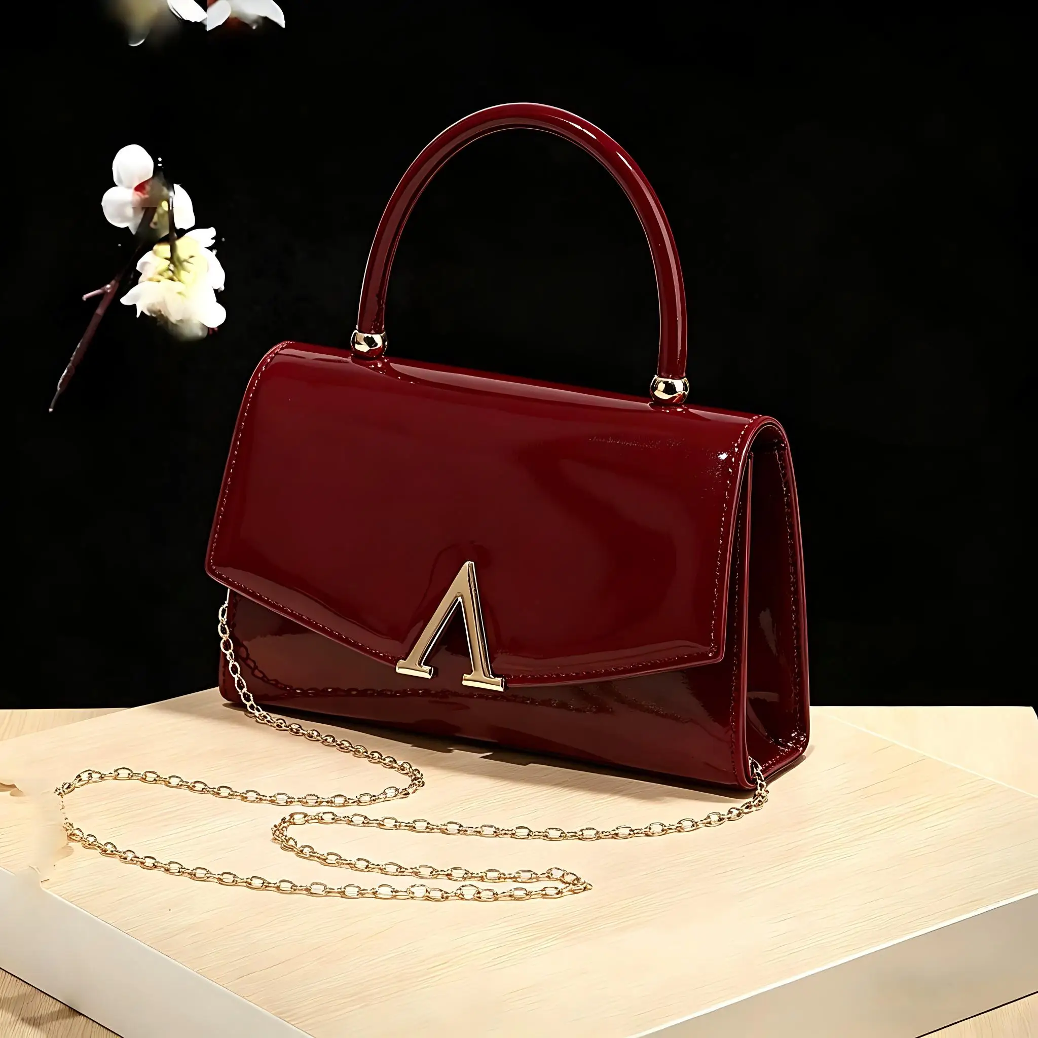 Burgundy evening bag for women with top handle