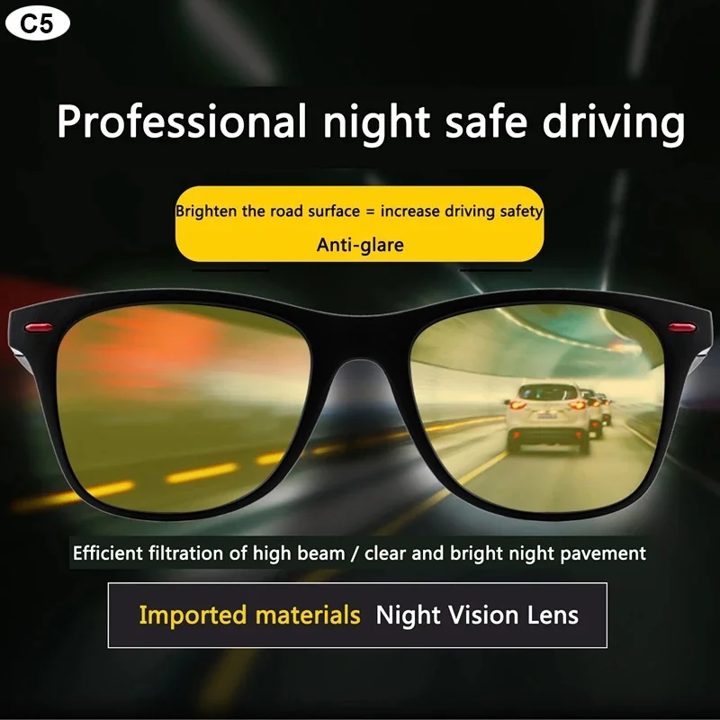 Night vision driving sunglasses worn outdoors