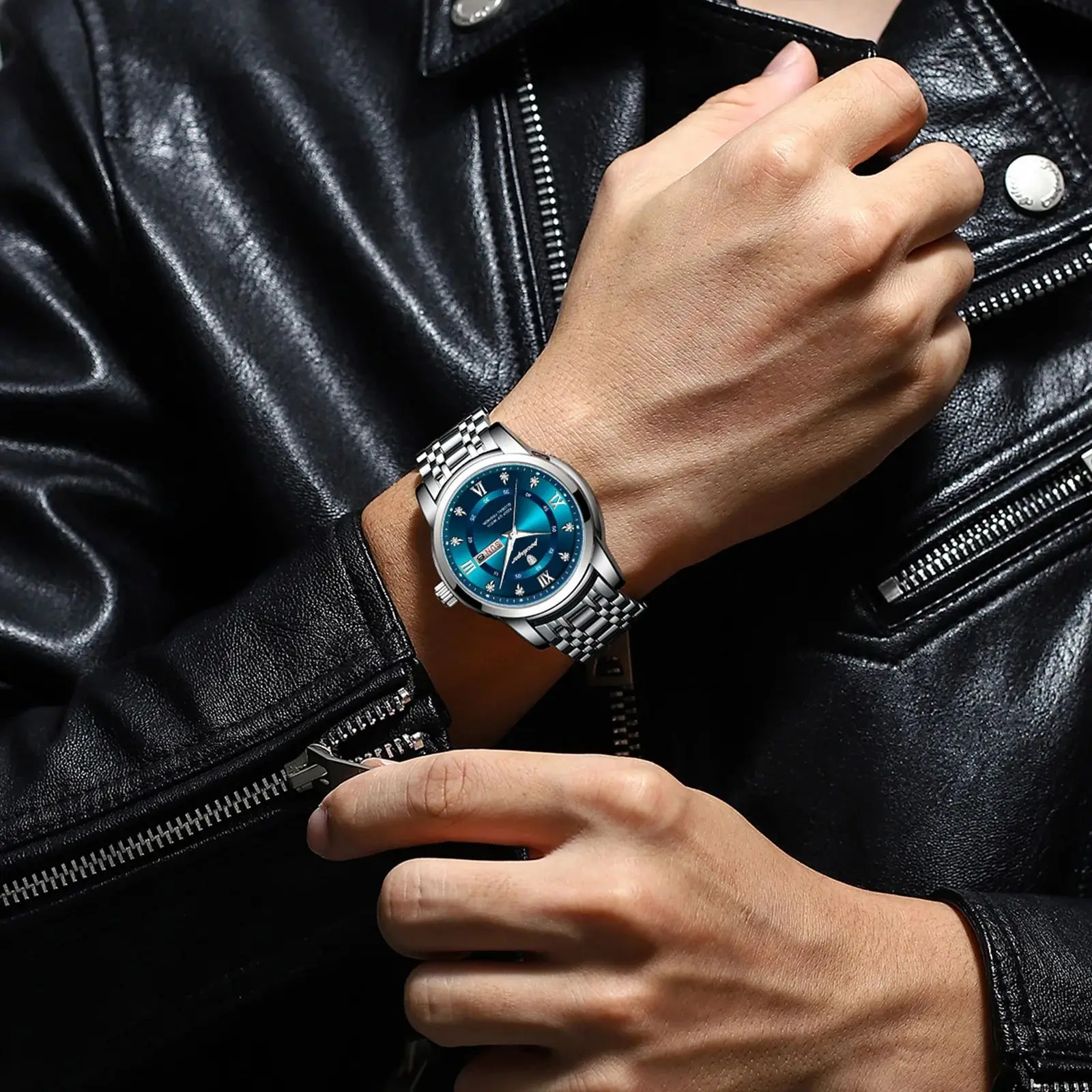 POEDAGAR stainless steel watch face detail