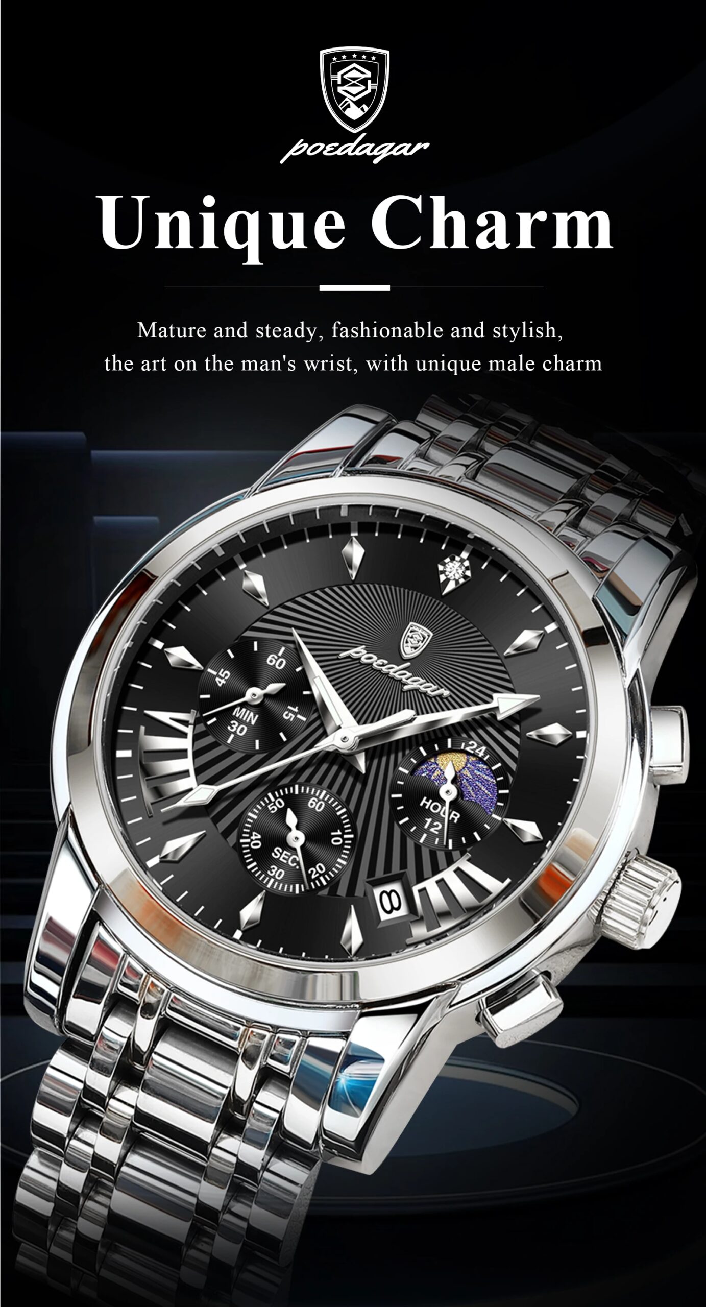 POEDAGAR military chronograph watch dial close up