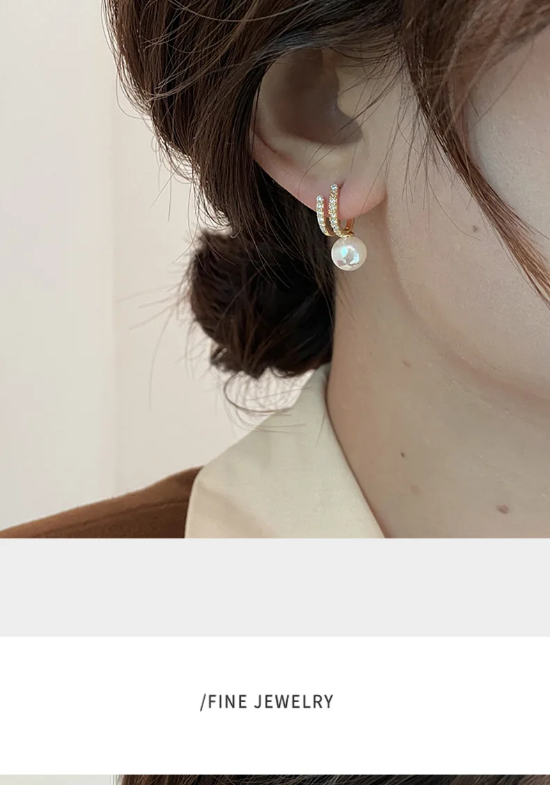 Gold Zircon Pearl Stud Earrings styled