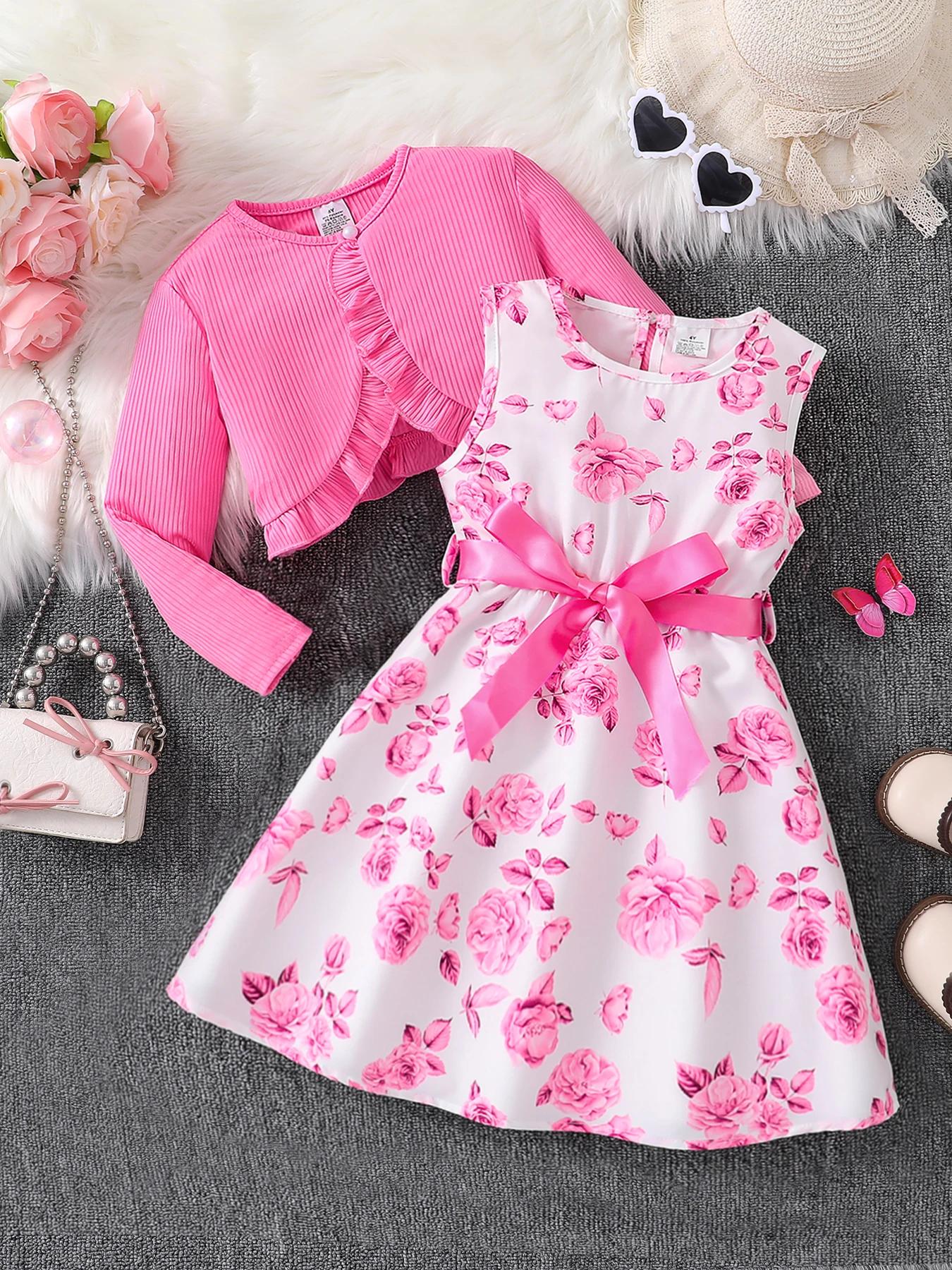 Pink Floral Two-Piece Dress Set for Girls Dresses Pink Floral Two-Piece Dress Set for Girls Dresses KDBazar