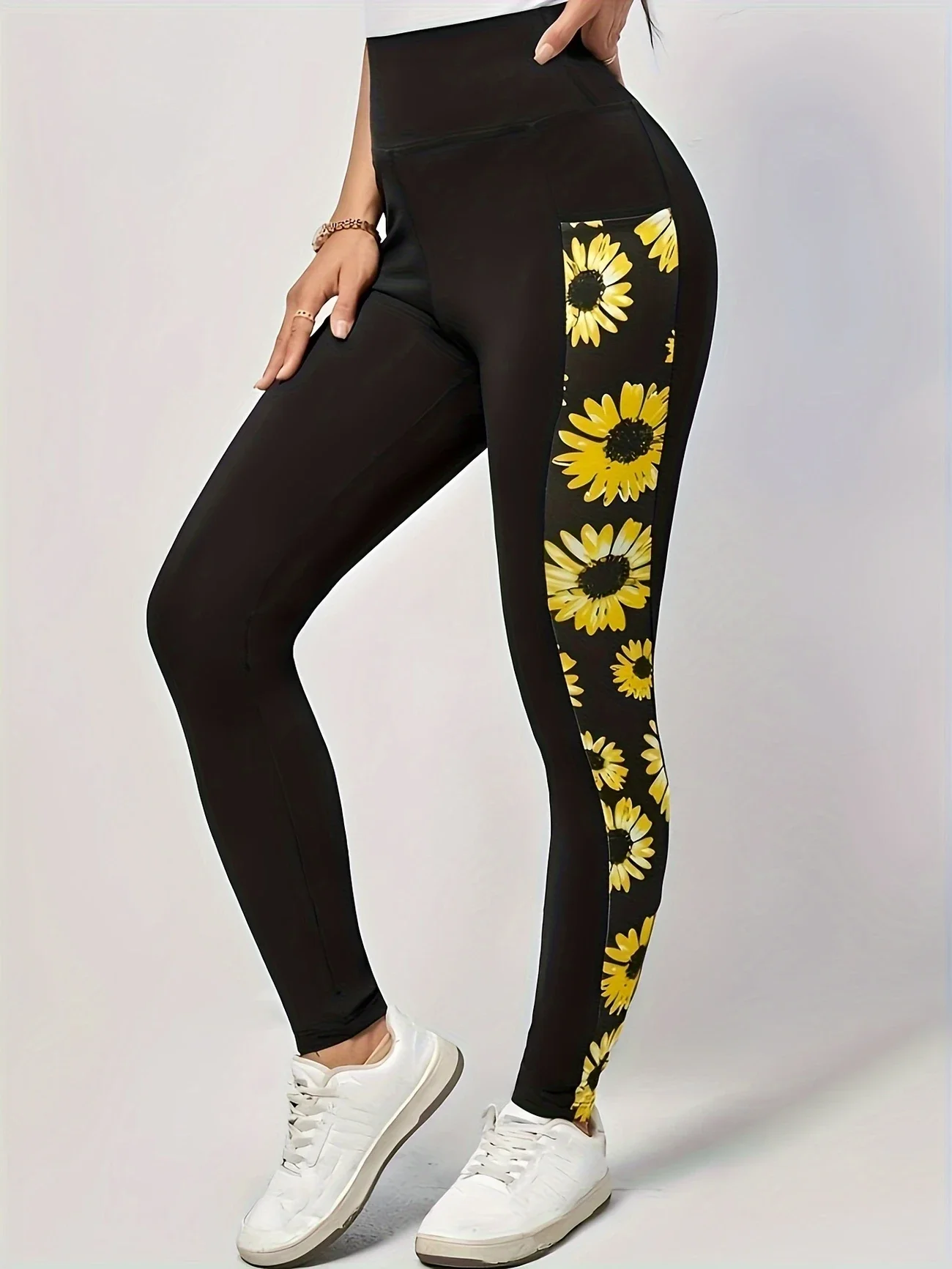 Sunflower print leggings for women, back view
