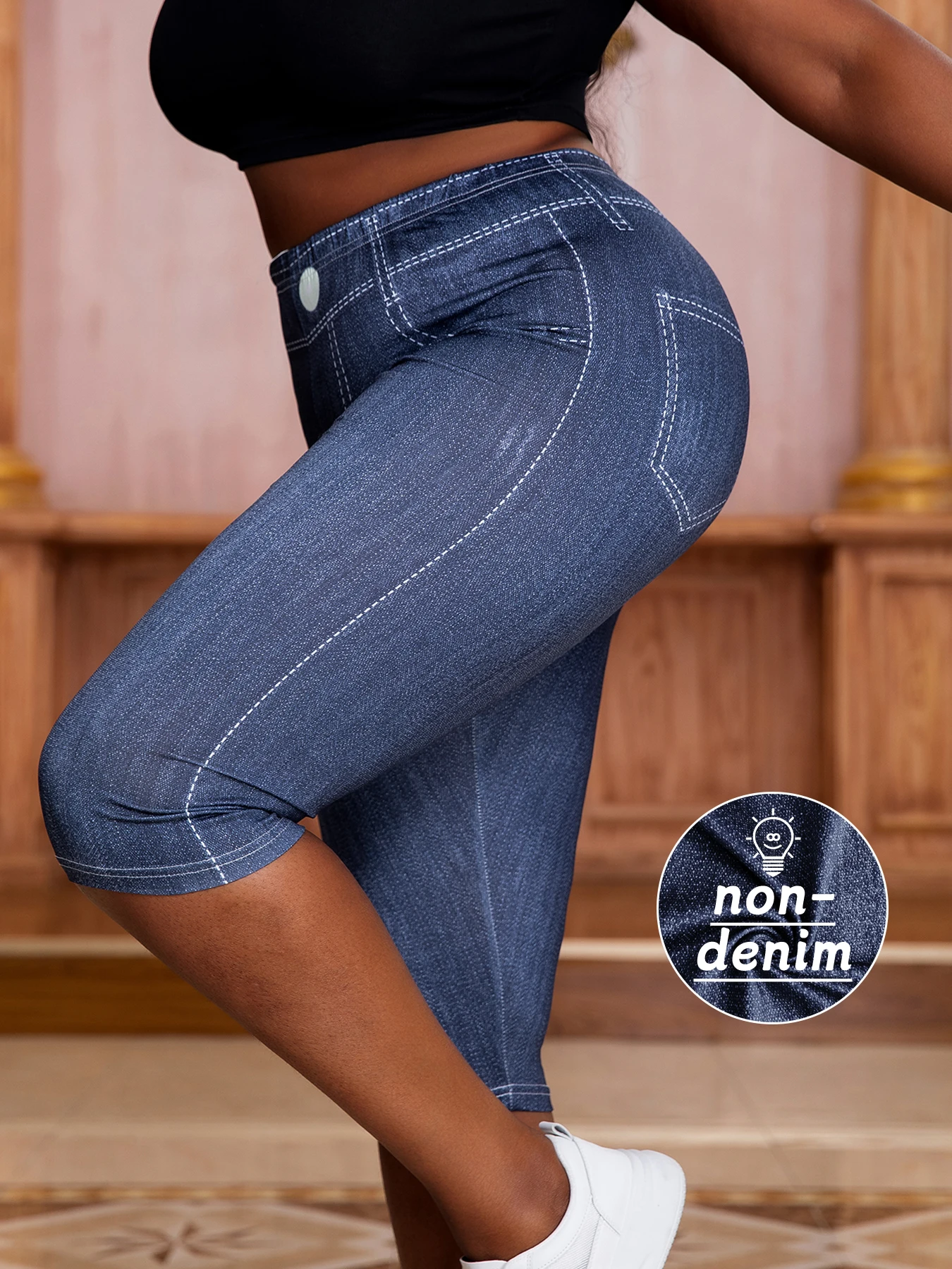 Plus size denim print capri leggings front view