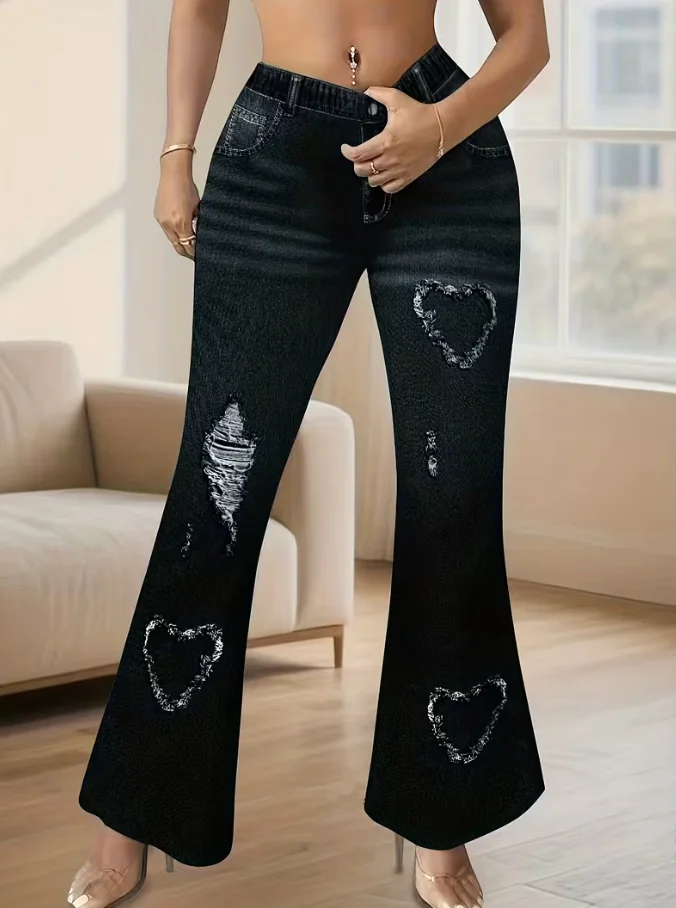 Heart print flare leggings for women, side view