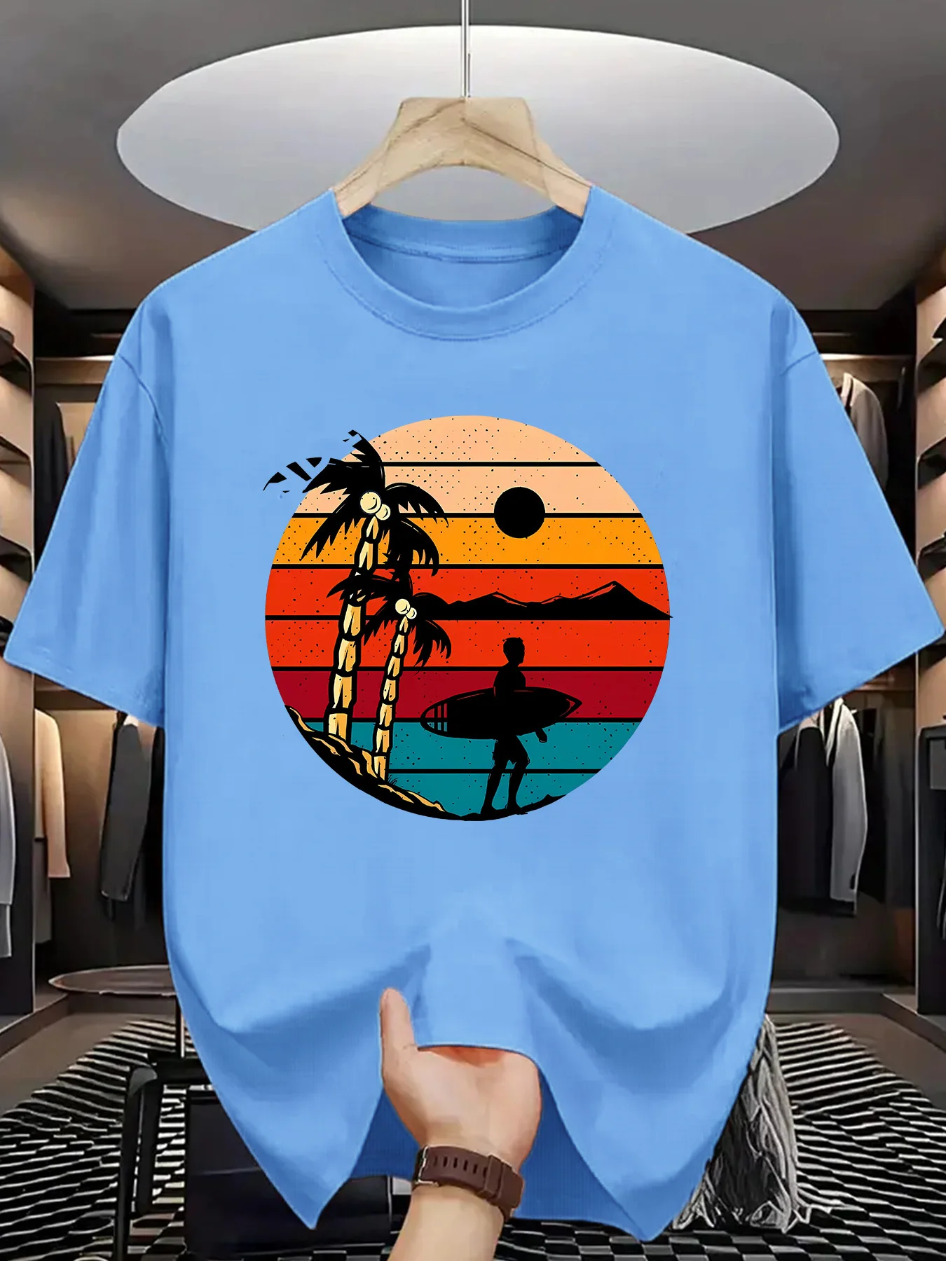 Retro Sunset Surfer T-Shirt for Men Men's Clothing Men's Fashion Men's Trendy T-Shirts KDBazar