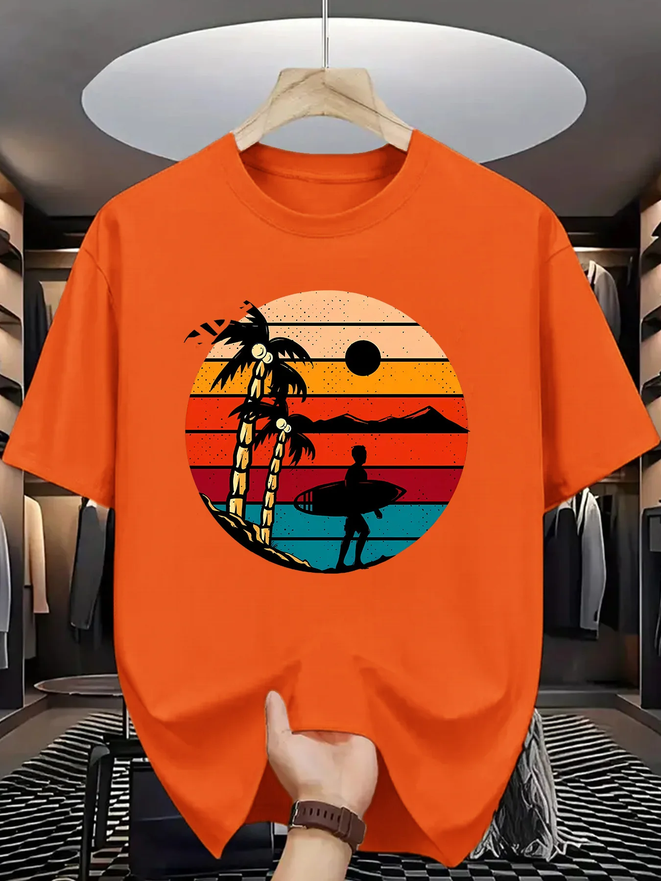 Retro Sunset Surfer T-Shirt for Men Men's Clothing Men's Fashion Men's Trendy T-Shirts KDBazar