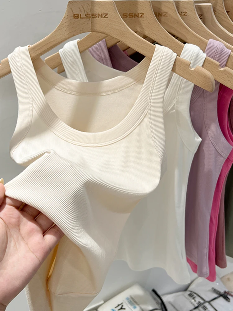 Ribbed round neck tank top styled on hanger