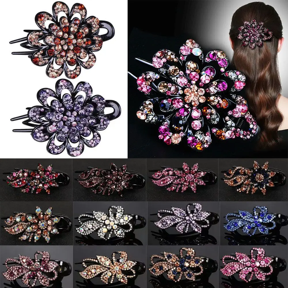 Rhinestone flower leaf duckbill hair claw worn on hair
