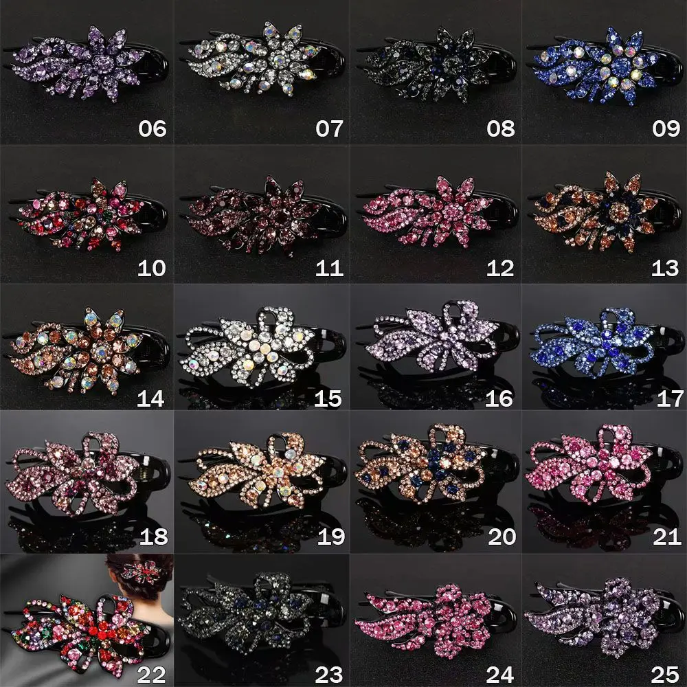 Woman wearing rhinestone duckbill hair claw