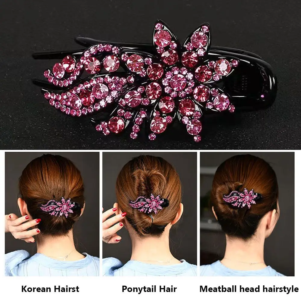 Rhinestone hair claw styled on hair