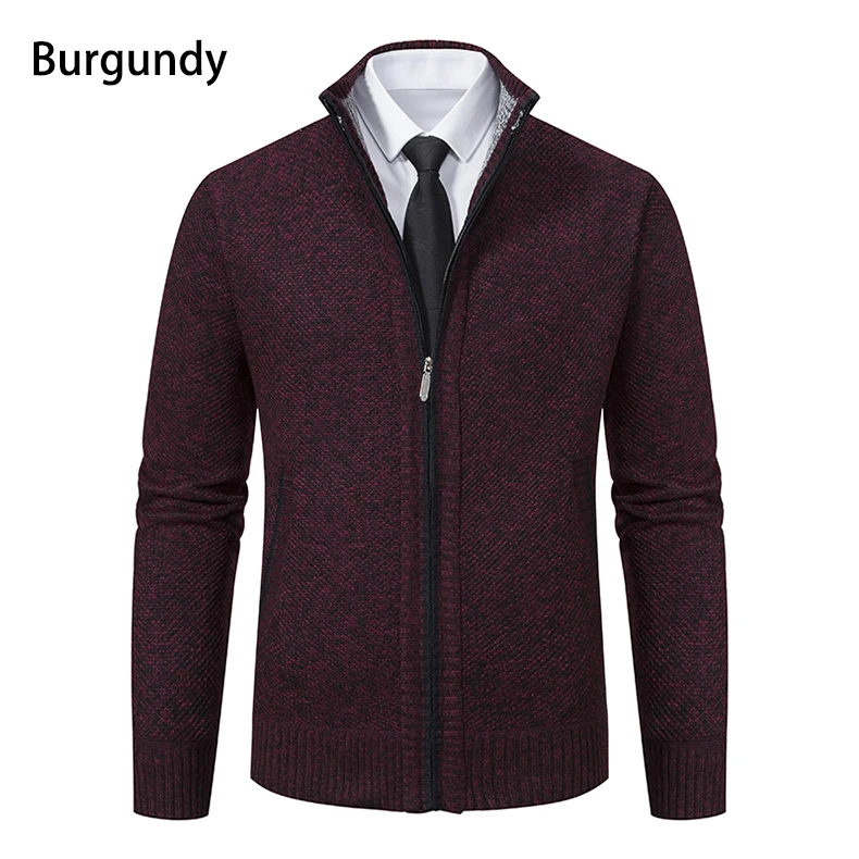Solid stand collar fleece cardigan coat front view