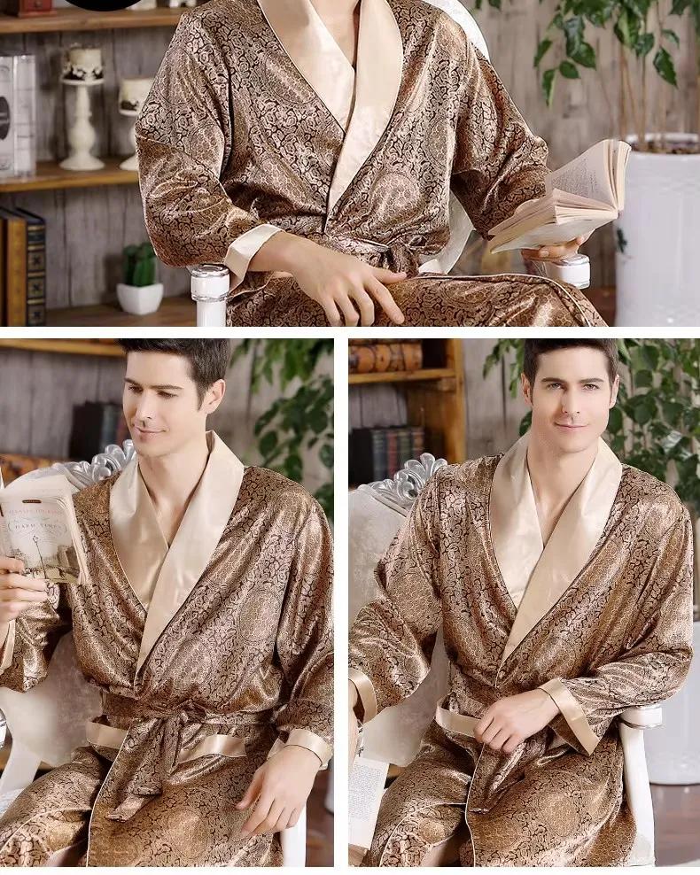 Man wearing navy striped kimono bathrobe