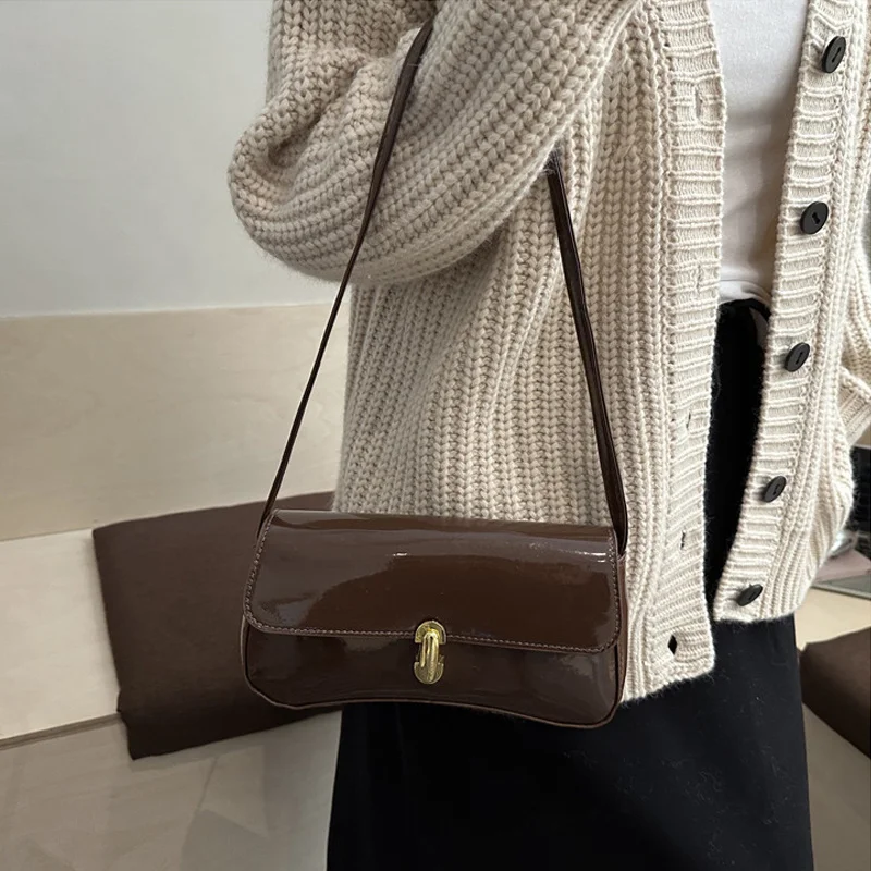 Stylish Wine Red Patent Leather Women Underarm Bag, Sleek Sling Purse with Gold Turn Lock Women's Daily Handbags Shoulder Bags Stylish Wine Red Patent Leather Women Underarm Bag, Sleek Sling Purse with Gold Turn Lock Women's Daily Handbags Shoulder Bags