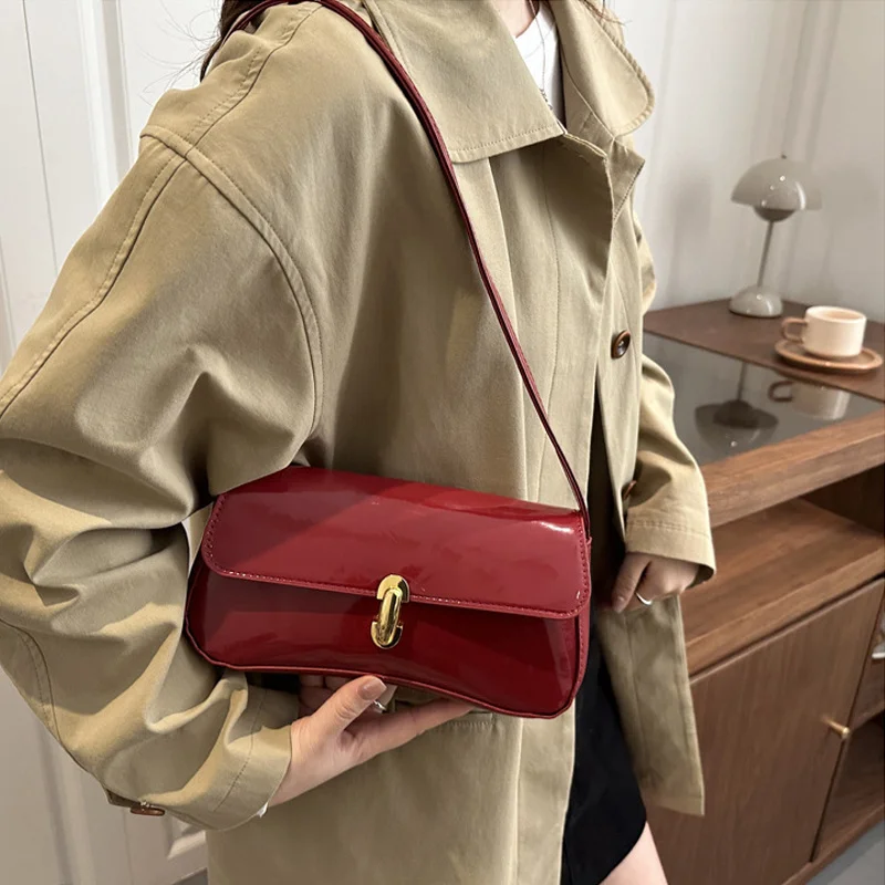 Stylish Wine Red Patent Leather Women Underarm Bag, Sleek Sling Purse with Gold Turn Lock Women's Daily Handbags Shoulder Bags Stylish Wine Red Patent Leather Women Underarm Bag, Sleek Sling Purse with Gold Turn Lock Women's Daily Handbags Shoulder Bags