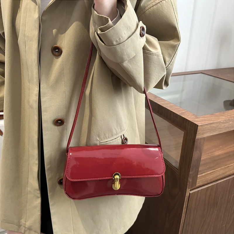 Stylish Wine Red Patent Leather Women Underarm Bag, Sleek Sling Purse with Gold Turn Lock Women's Daily Handbags Shoulder Bags Stylish Wine Red Patent Leather Women Underarm Bag, Sleek Sling Purse with Gold Turn Lock Women's Daily Handbags Shoulder Bags