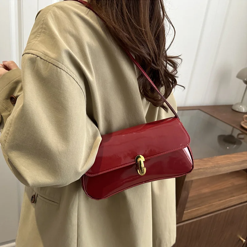Stylish Wine Red Patent Leather Women Underarm Bag, Sleek Sling Purse with Gold Turn Lock Women's Daily Handbags Shoulder Bags Stylish Wine Red Patent Leather Women Underarm Bag, Sleek Sling Purse with Gold Turn Lock Women's Daily Handbags Shoulder Bags