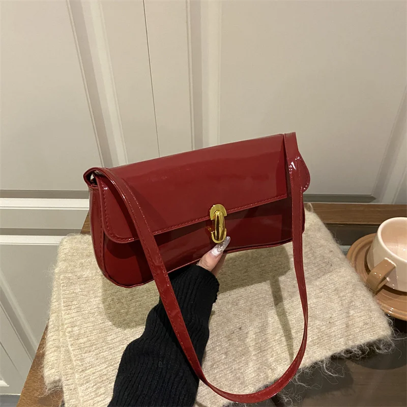 Stylish Wine Red Patent Leather Women Underarm Bag, Sleek Sling Purse with Gold Turn Lock Women's Daily Handbags Shoulder Bags Stylish Wine Red Patent Leather Women Underarm Bag, Sleek Sling Purse with Gold Turn Lock Women's Daily Handbags Shoulder Bags