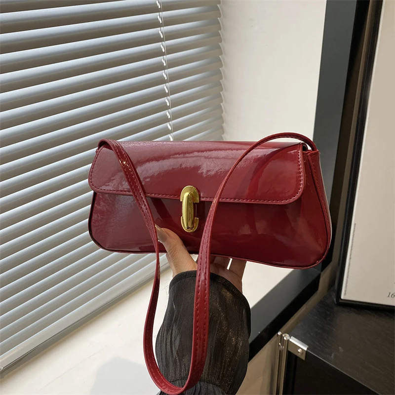 Stylish Wine Red Patent Leather Women Underarm Bag, Sleek Sling Purse with Gold Turn Lock Women's Daily Handbags Shoulder Bags Stylish Wine Red Patent Leather Women Underarm Bag, Sleek Sling Purse with Gold Turn Lock Women's Daily Handbags Shoulder Bags